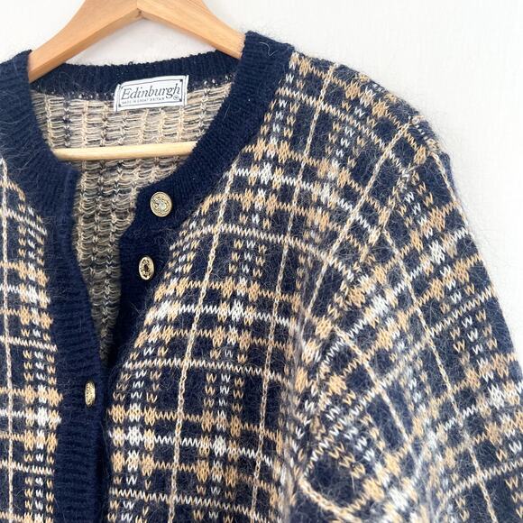 VTG Edinburgh Plaid Cardigan Sweater Medium Mohair Blend Blue Yellow Academia - Picture 3 of 7